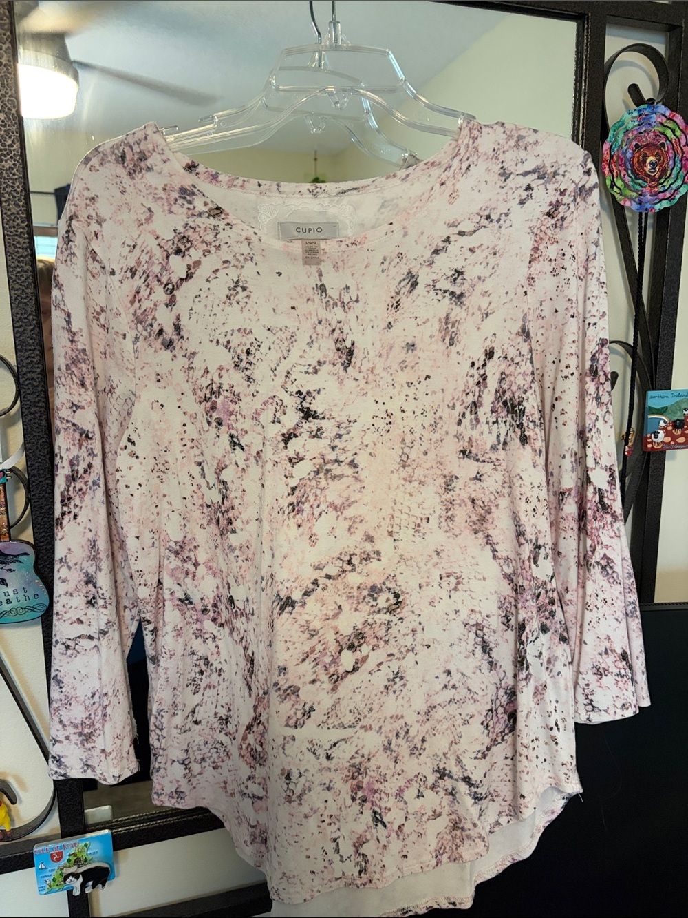Cupio Pink Marble-Print Long Sleeve Top with Black Accents